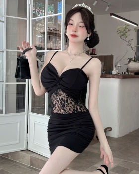 Splice low-cut short lace package hip sling bottoming dress