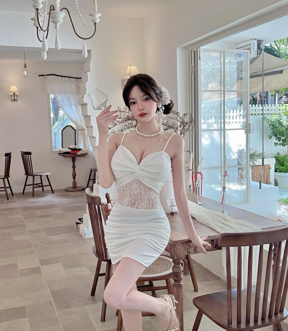 Splice low-cut short lace package hip sling bottoming dress