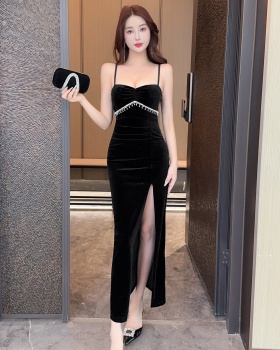Sexy slim golden velvet dress sling split formal dress