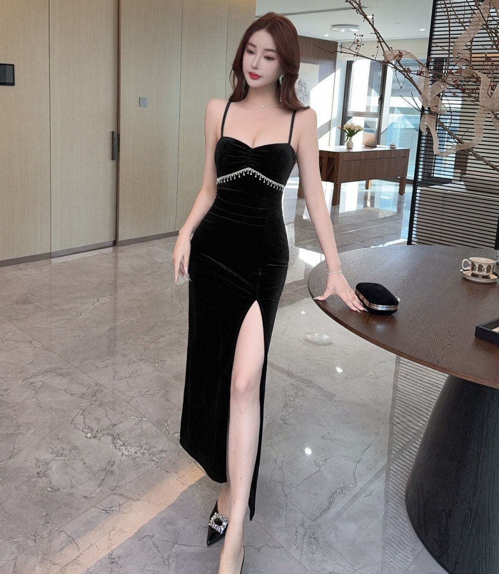 Sexy slim golden velvet dress sling split formal dress