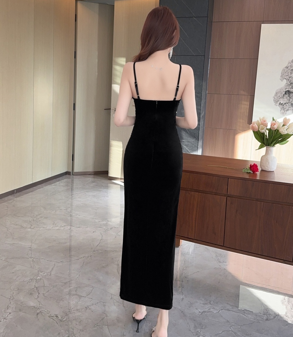 Sexy slim golden velvet dress sling split formal dress