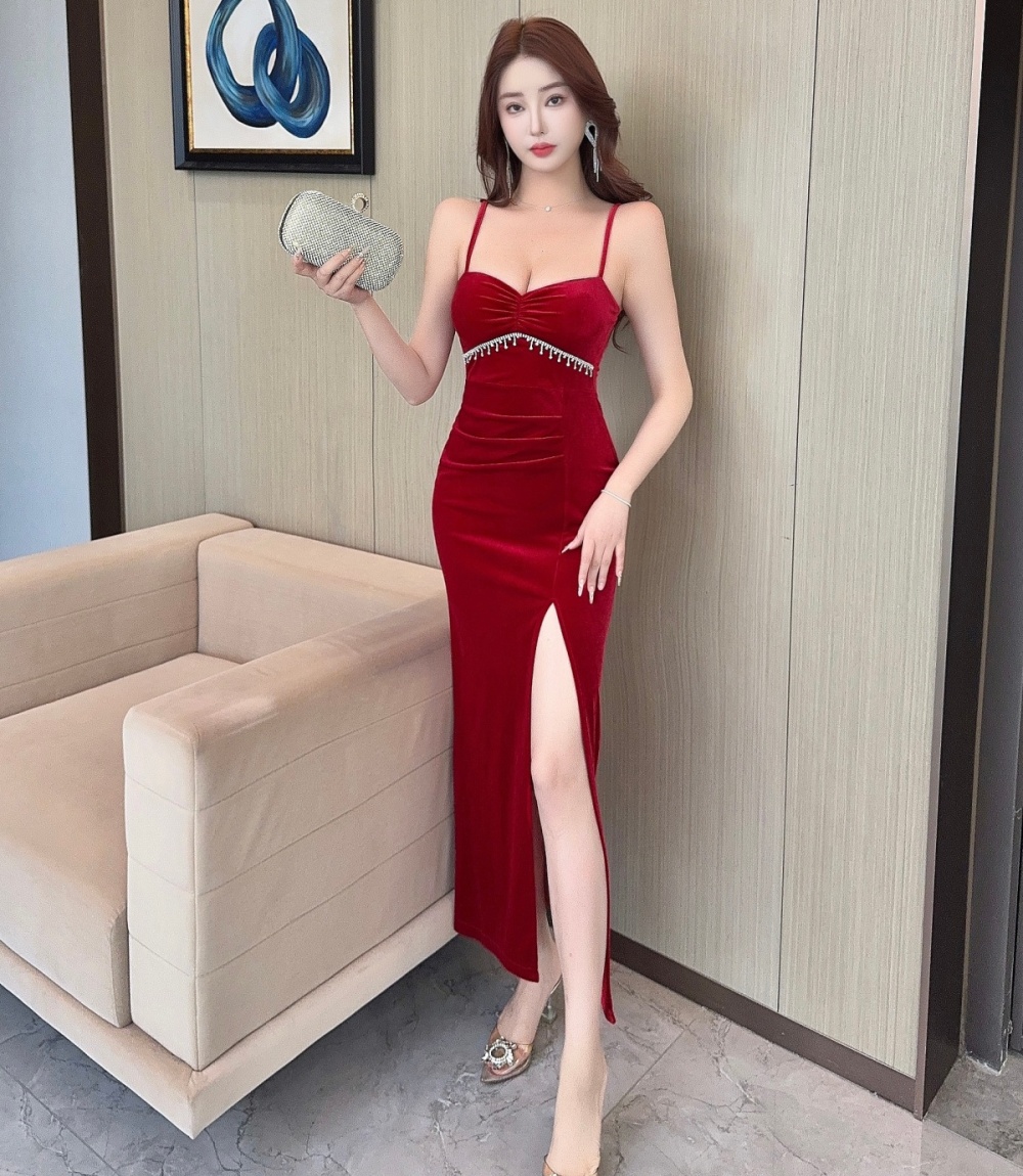 Sexy slim golden velvet dress sling split formal dress