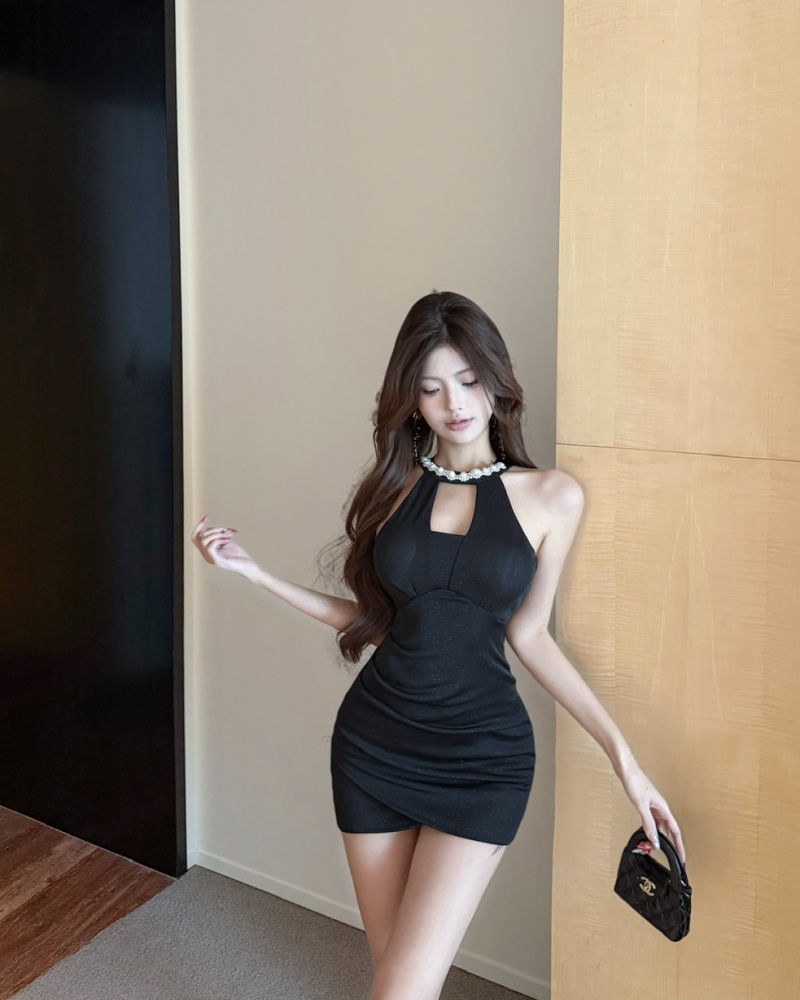 Slim hollow halter little sexy rhinestone pinched waist dress