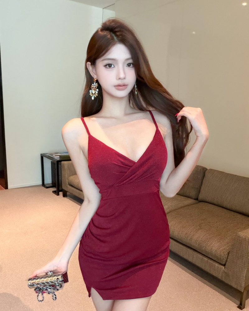 Long split sling V-neck pinched waist dress