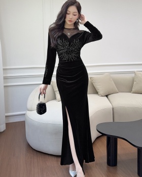 Velvet split dress black France style formal dress