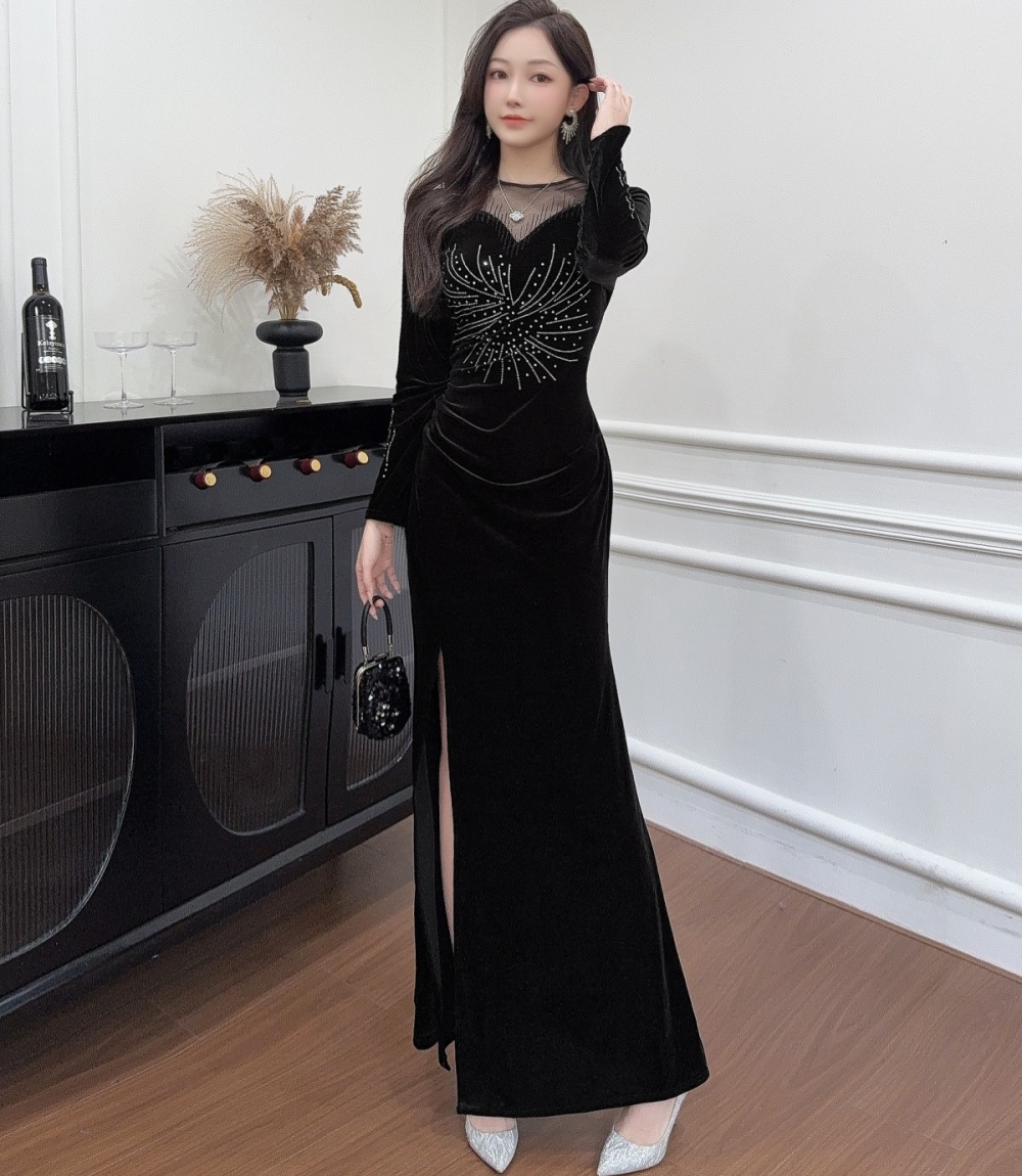 Velvet split dress black France style formal dress