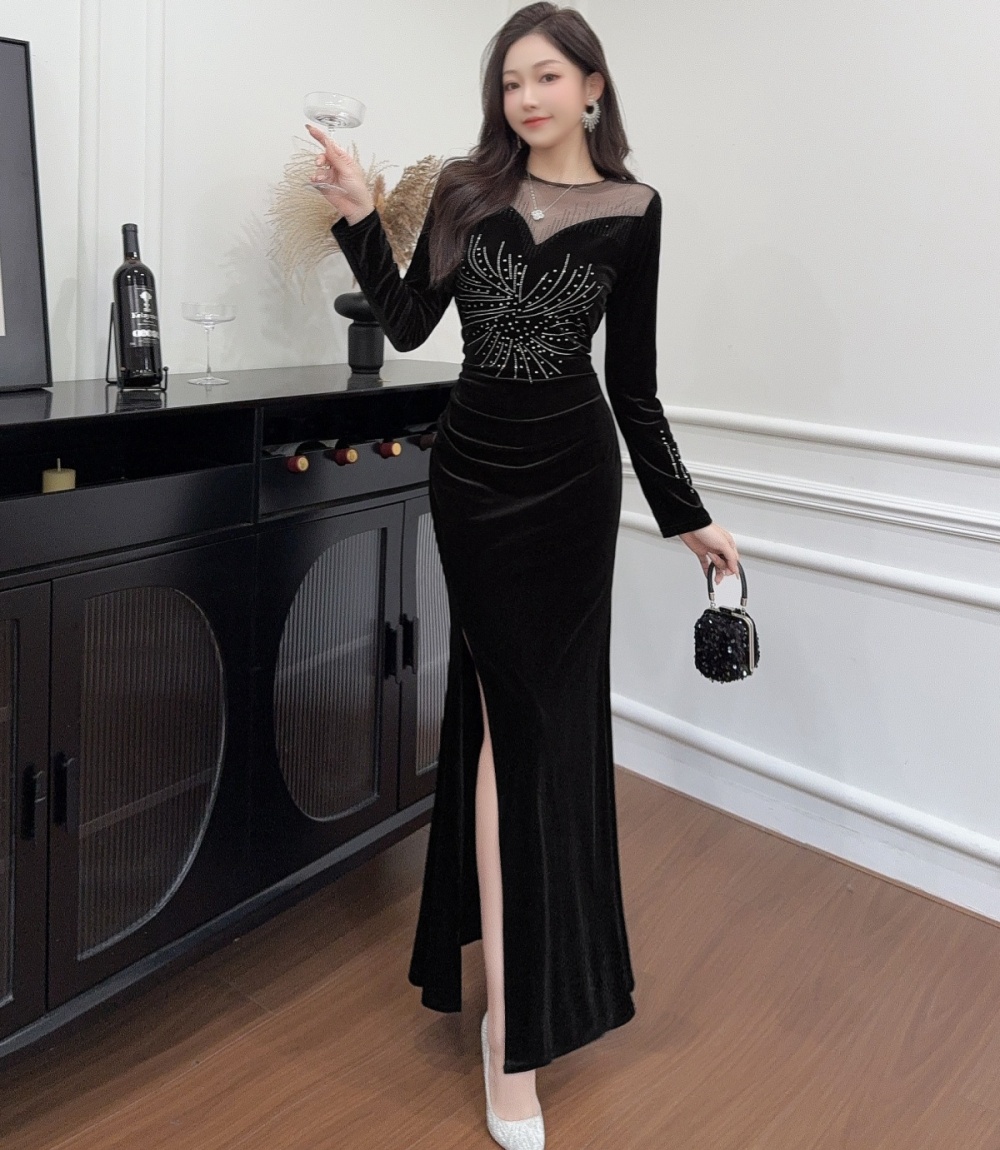 Velvet split dress black France style formal dress