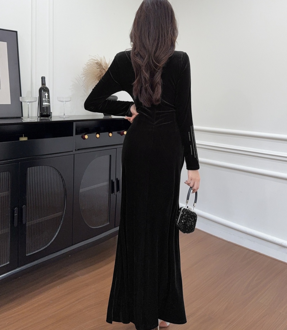 Velvet split dress black France style formal dress