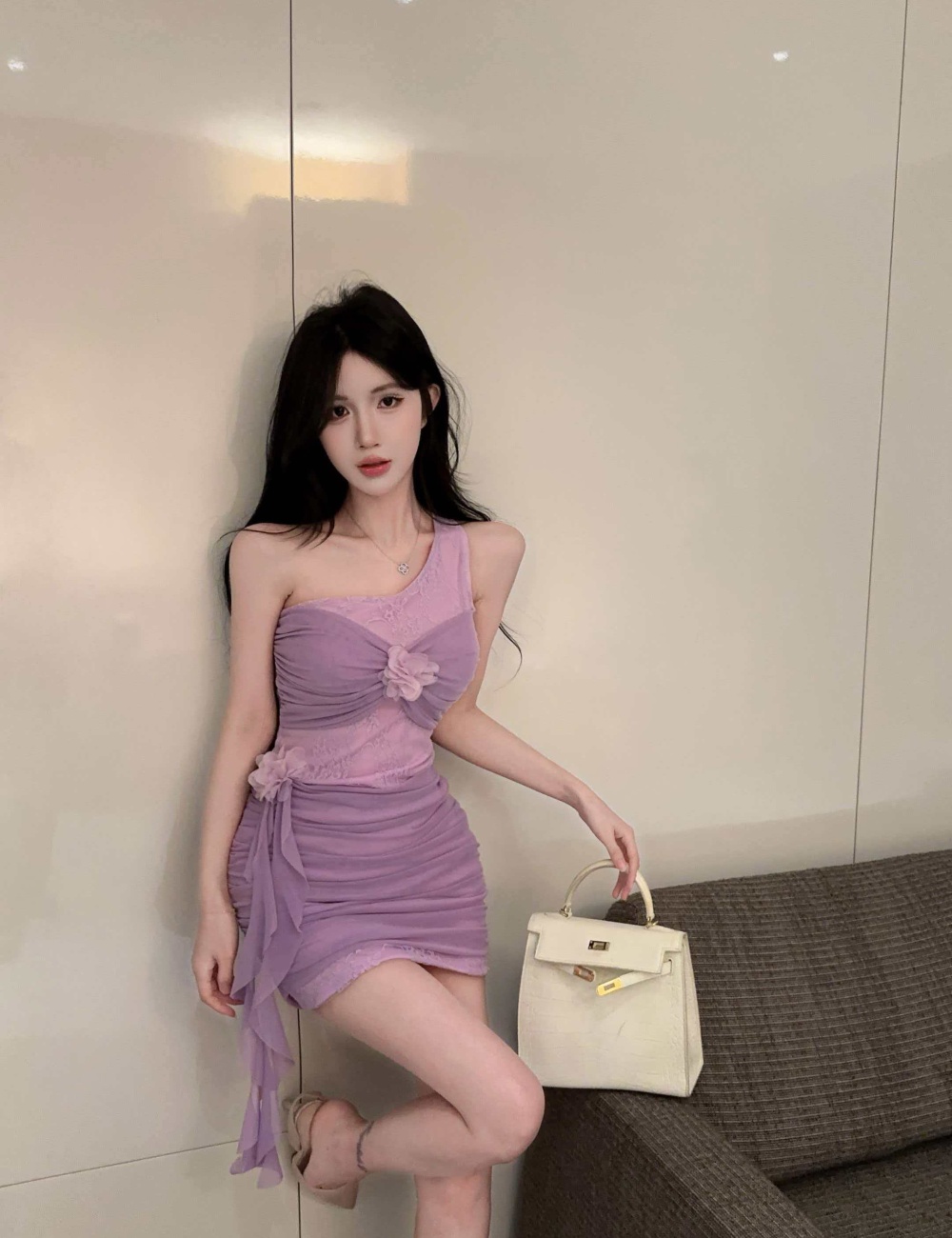 Romantic violet sling chiffon gauze flowers summer dress