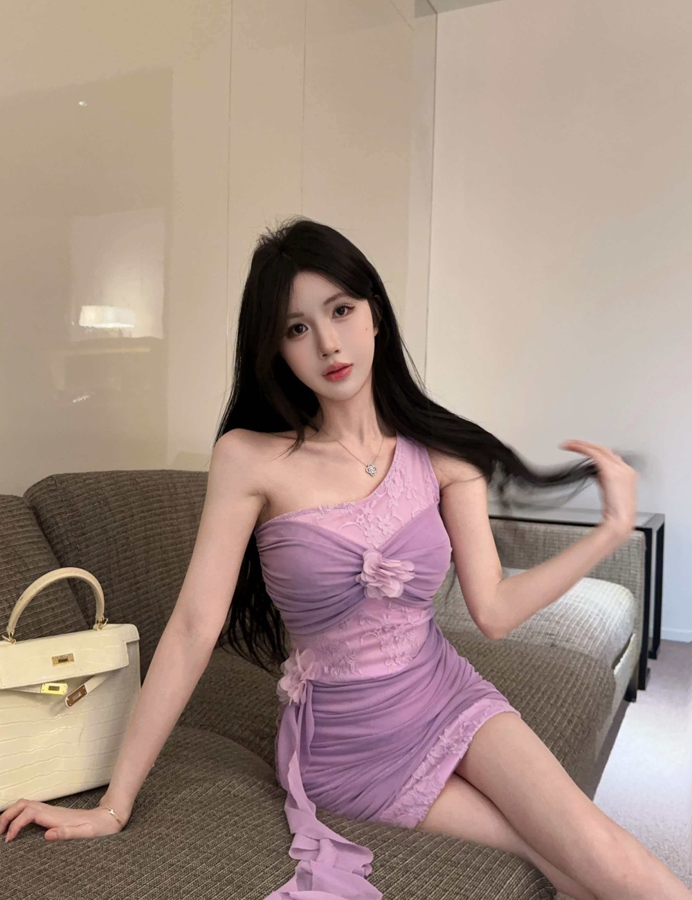 Romantic violet sling chiffon gauze flowers summer dress