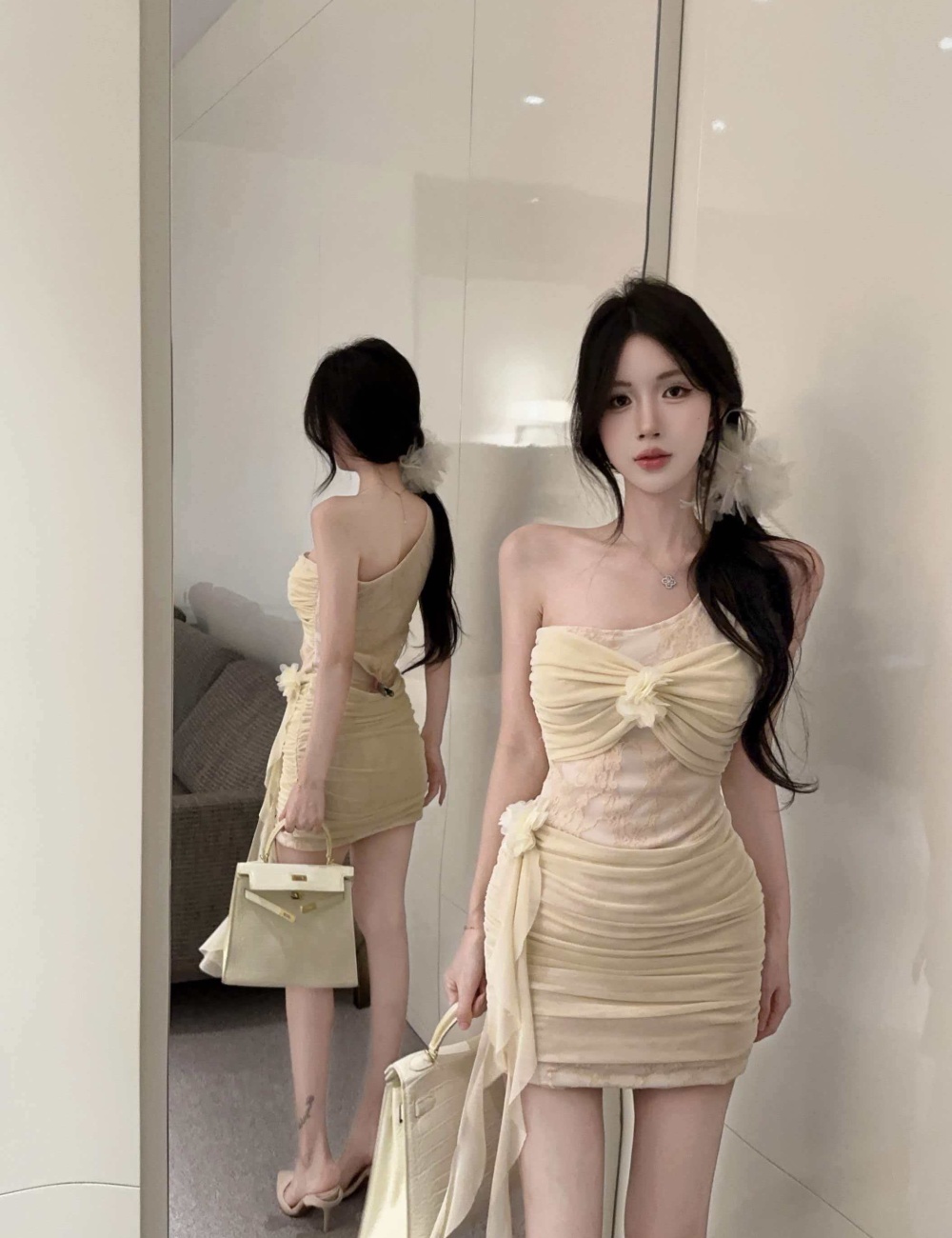 Romantic violet sling chiffon gauze flowers summer dress