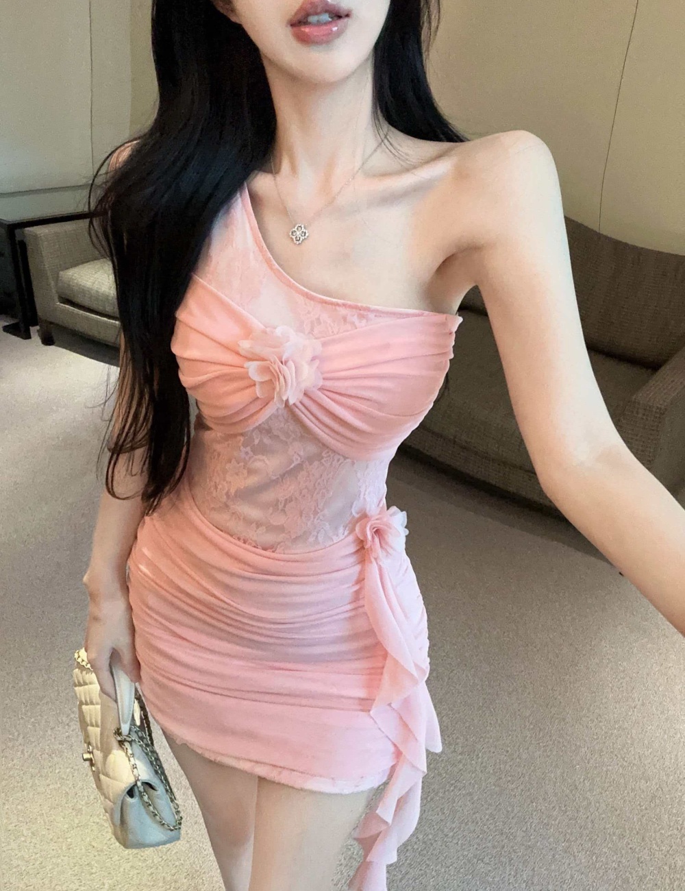 Romantic violet sling chiffon gauze flowers summer dress