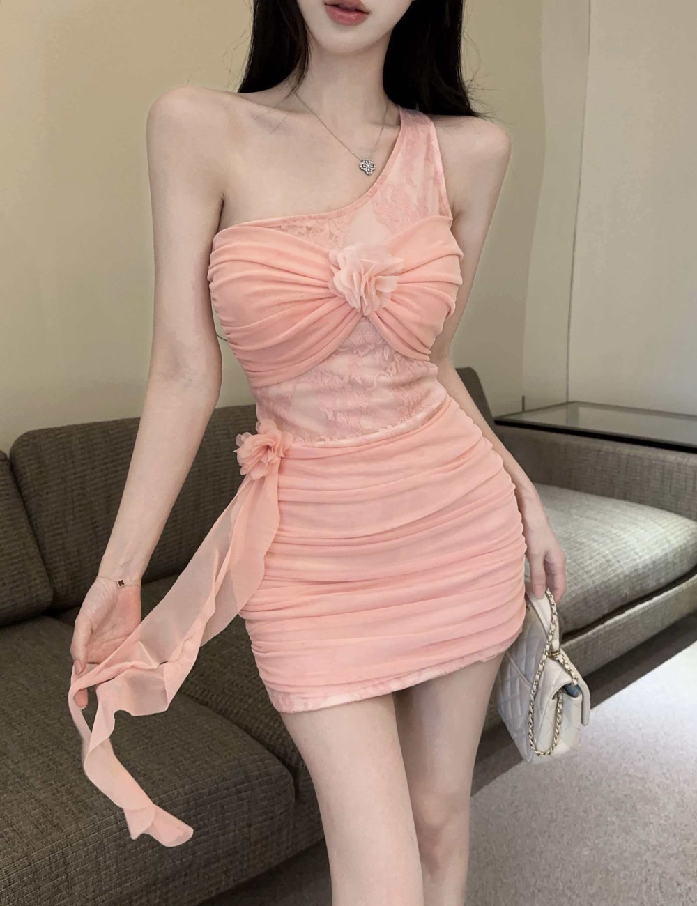 Romantic violet sling chiffon gauze flowers summer dress