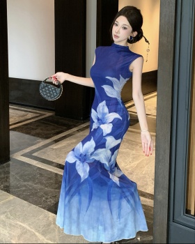 Flowers printing long dress gradient pinched waist dress