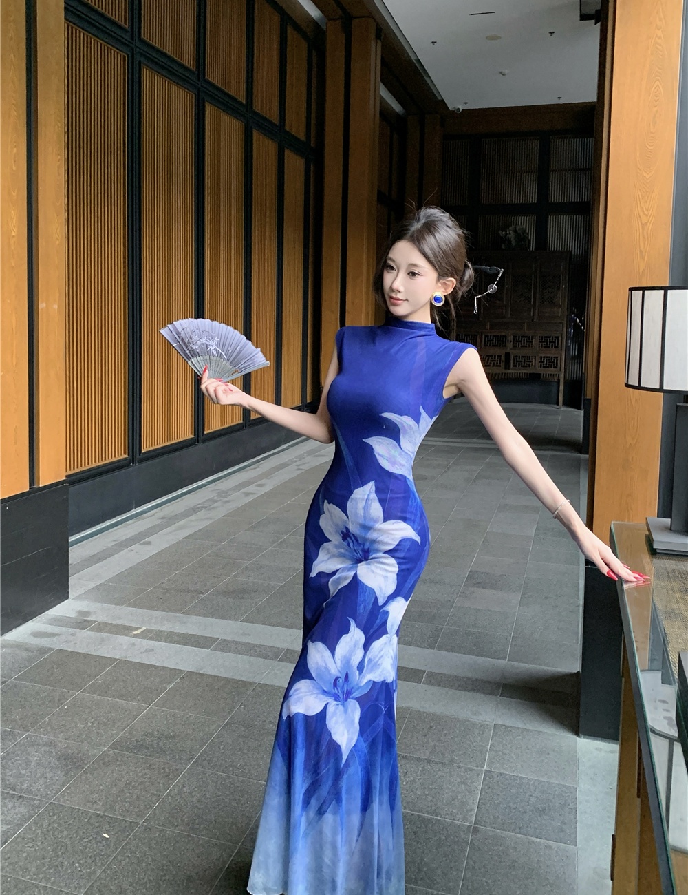 Flowers printing long dress gradient pinched waist dress