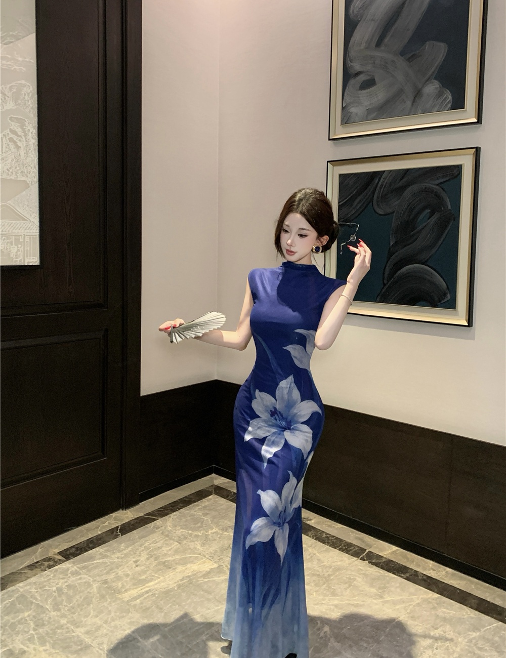 Flowers printing long dress gradient pinched waist dress