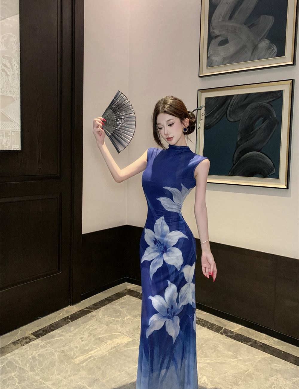 Flowers printing long dress gradient pinched waist dress