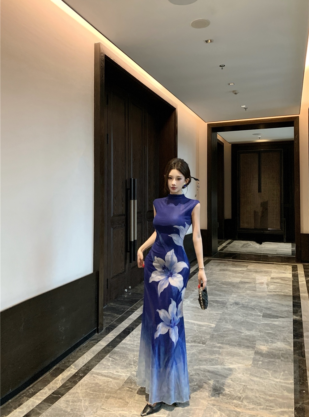 Flowers printing long dress gradient pinched waist dress