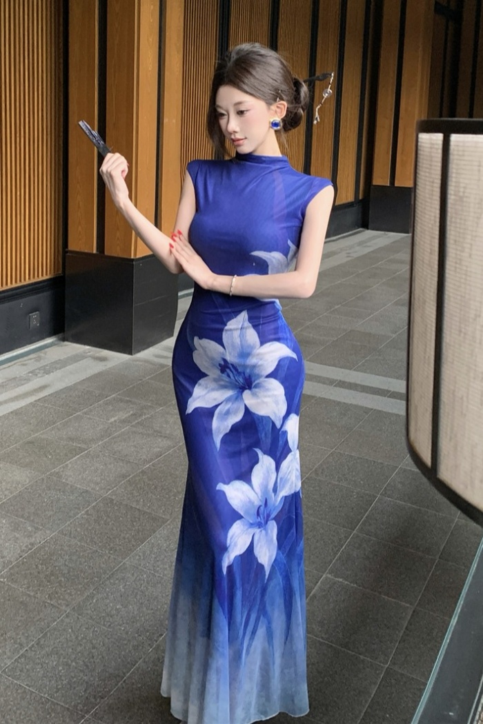 Flowers printing long dress gradient pinched waist dress