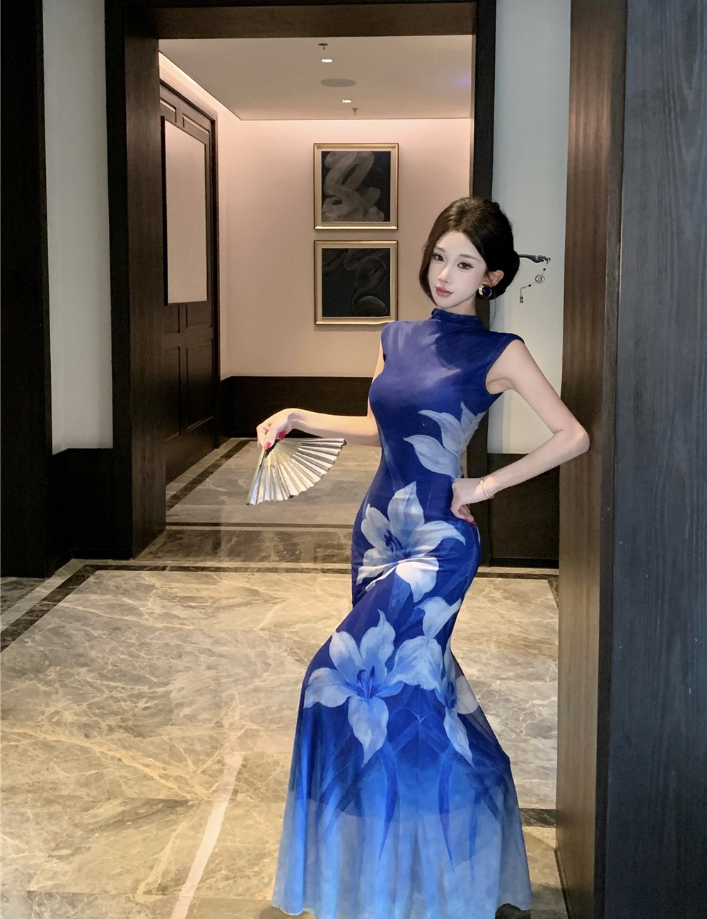 Flowers printing long dress gradient pinched waist dress