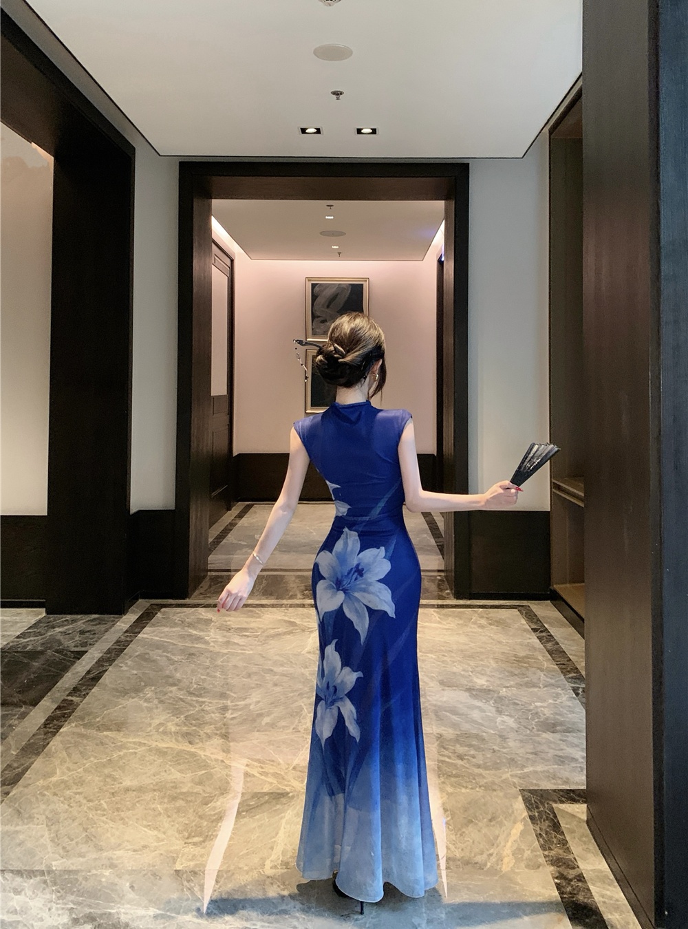 Flowers printing long dress gradient pinched waist dress