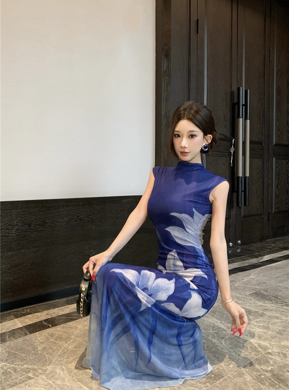 Flowers printing long dress gradient pinched waist dress