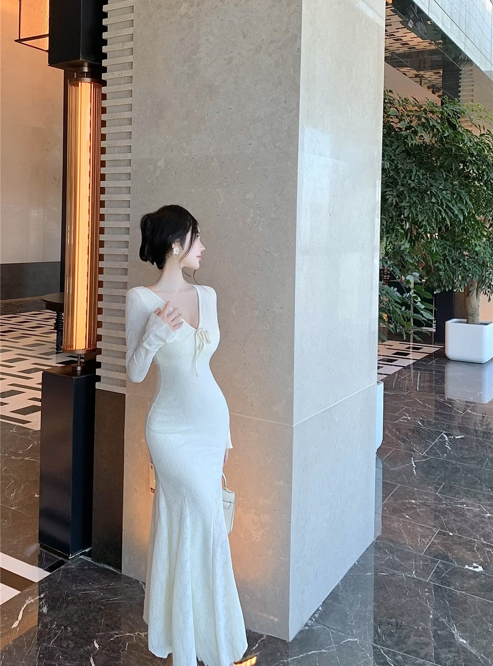 Trumpet sleeves dress temperament long dress