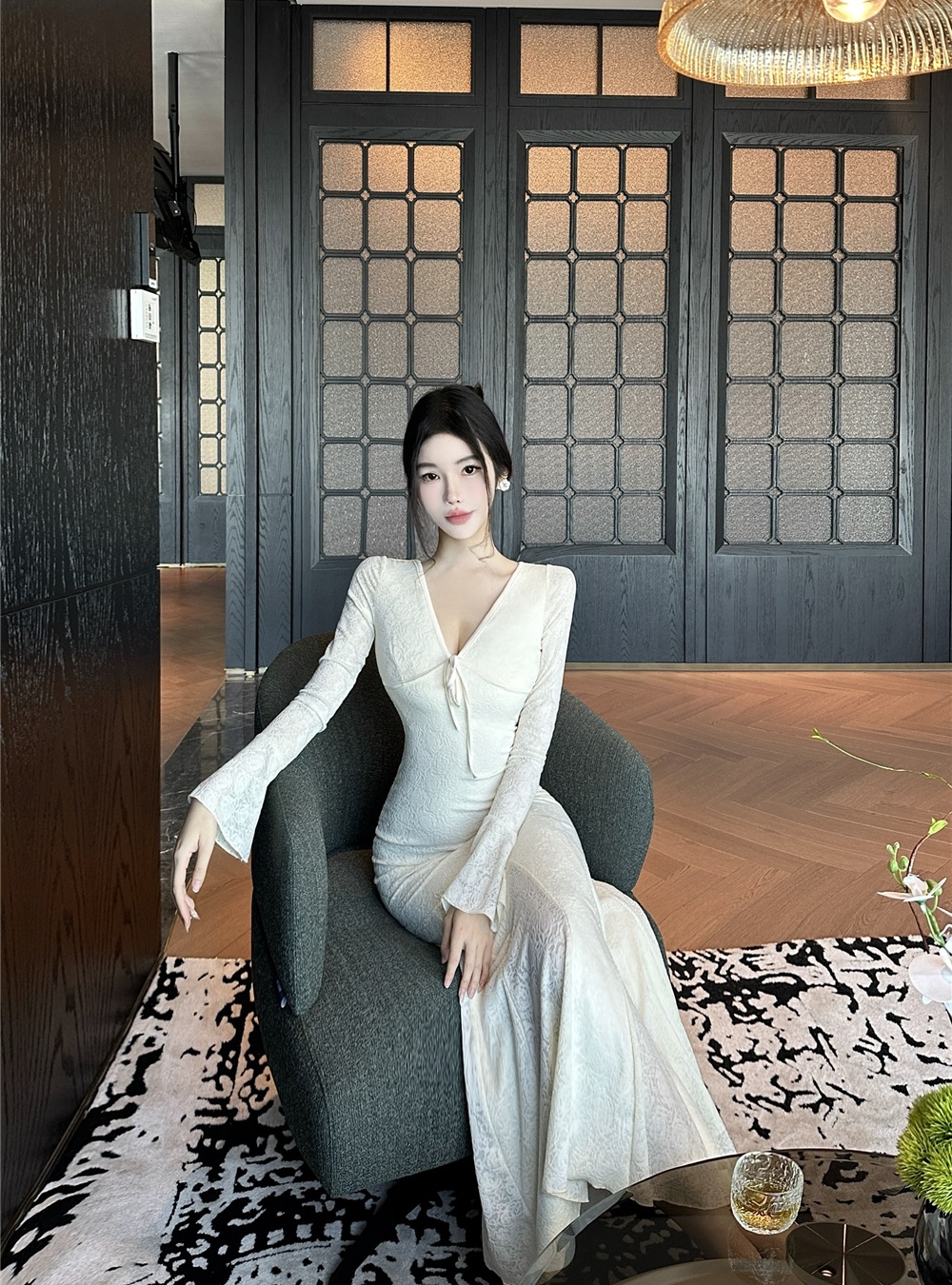 Trumpet sleeves dress temperament long dress