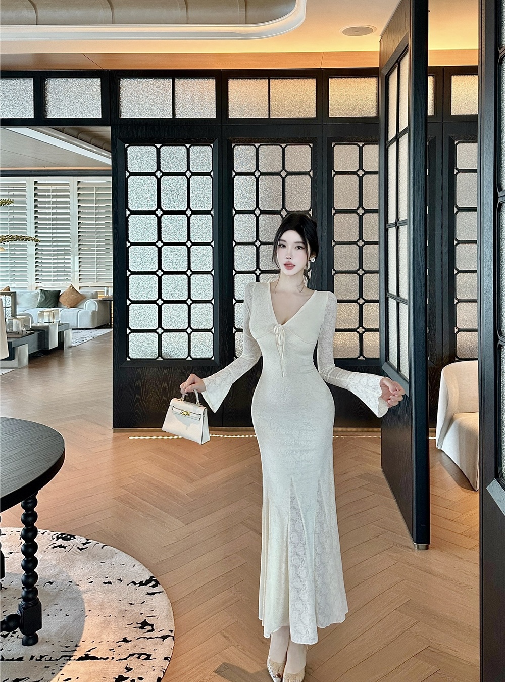 Trumpet sleeves dress temperament long dress