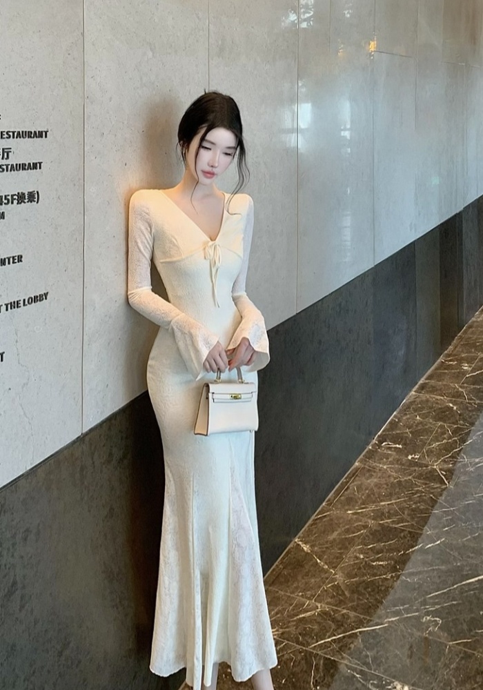 Trumpet sleeves dress temperament long dress