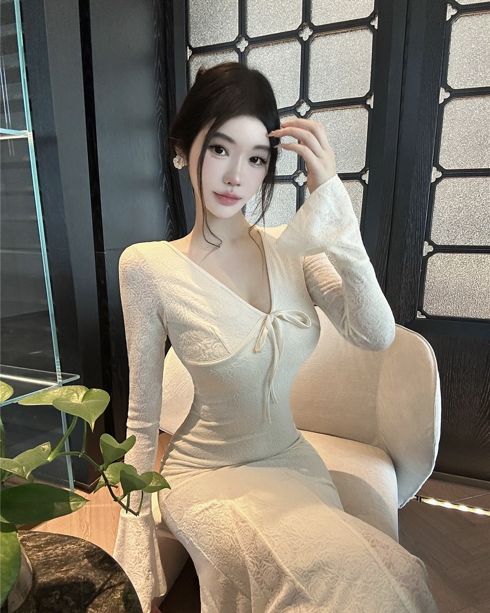 Trumpet sleeves dress temperament long dress