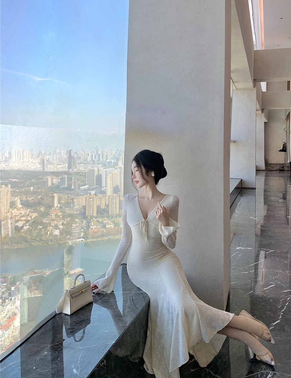 Trumpet sleeves dress temperament long dress