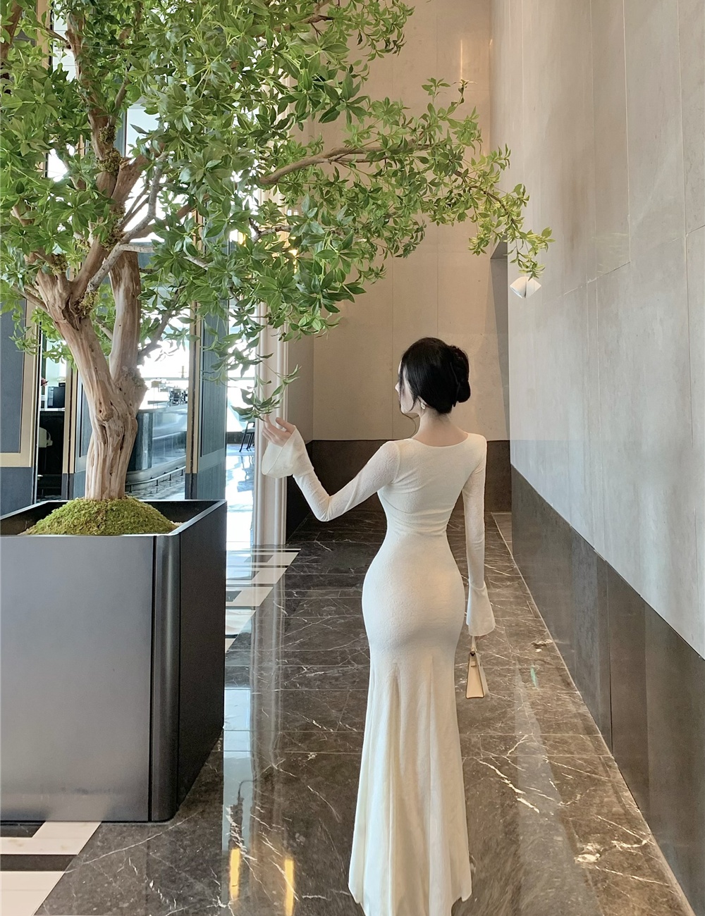 Trumpet sleeves dress temperament long dress