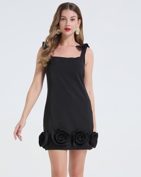 Sexy niche rose decoration shoulder strap stereoscopic dress