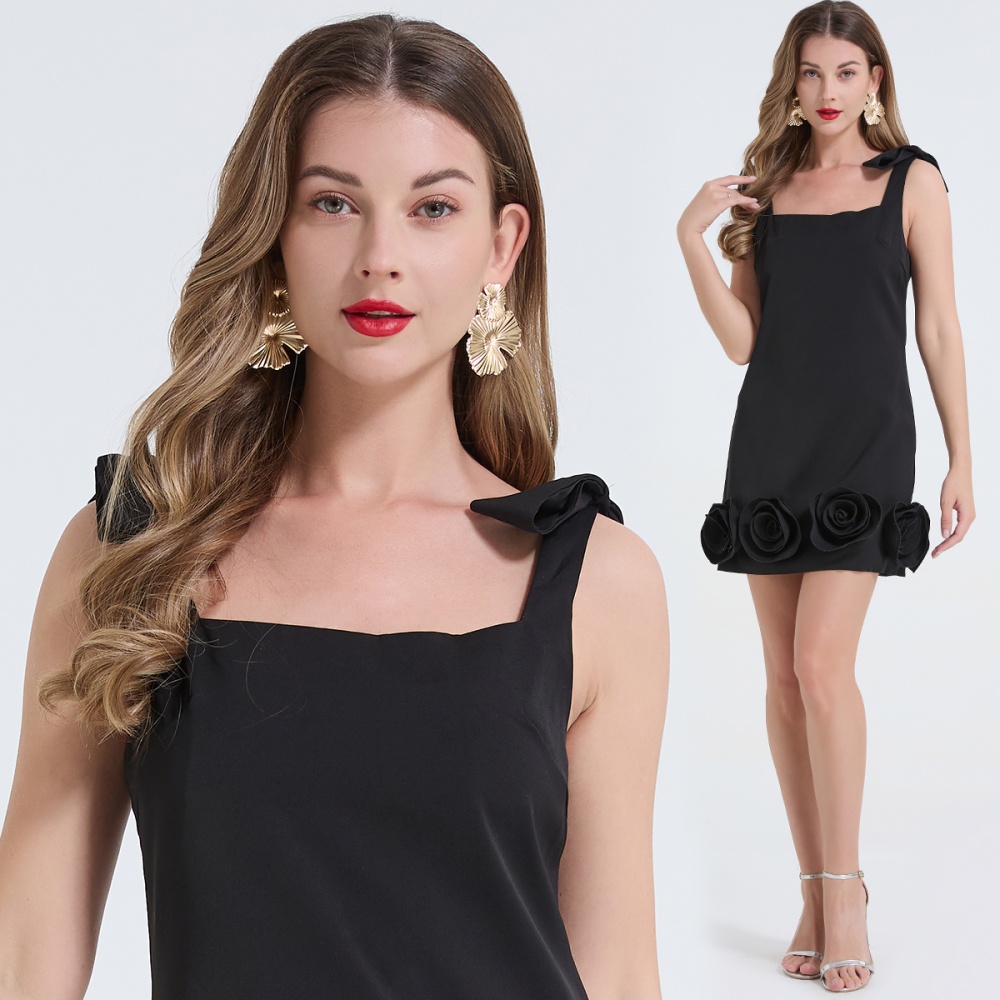 Sexy niche rose decoration shoulder strap stereoscopic dress