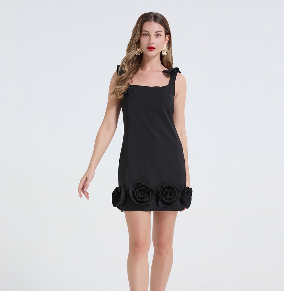 Sexy niche rose decoration shoulder strap stereoscopic dress