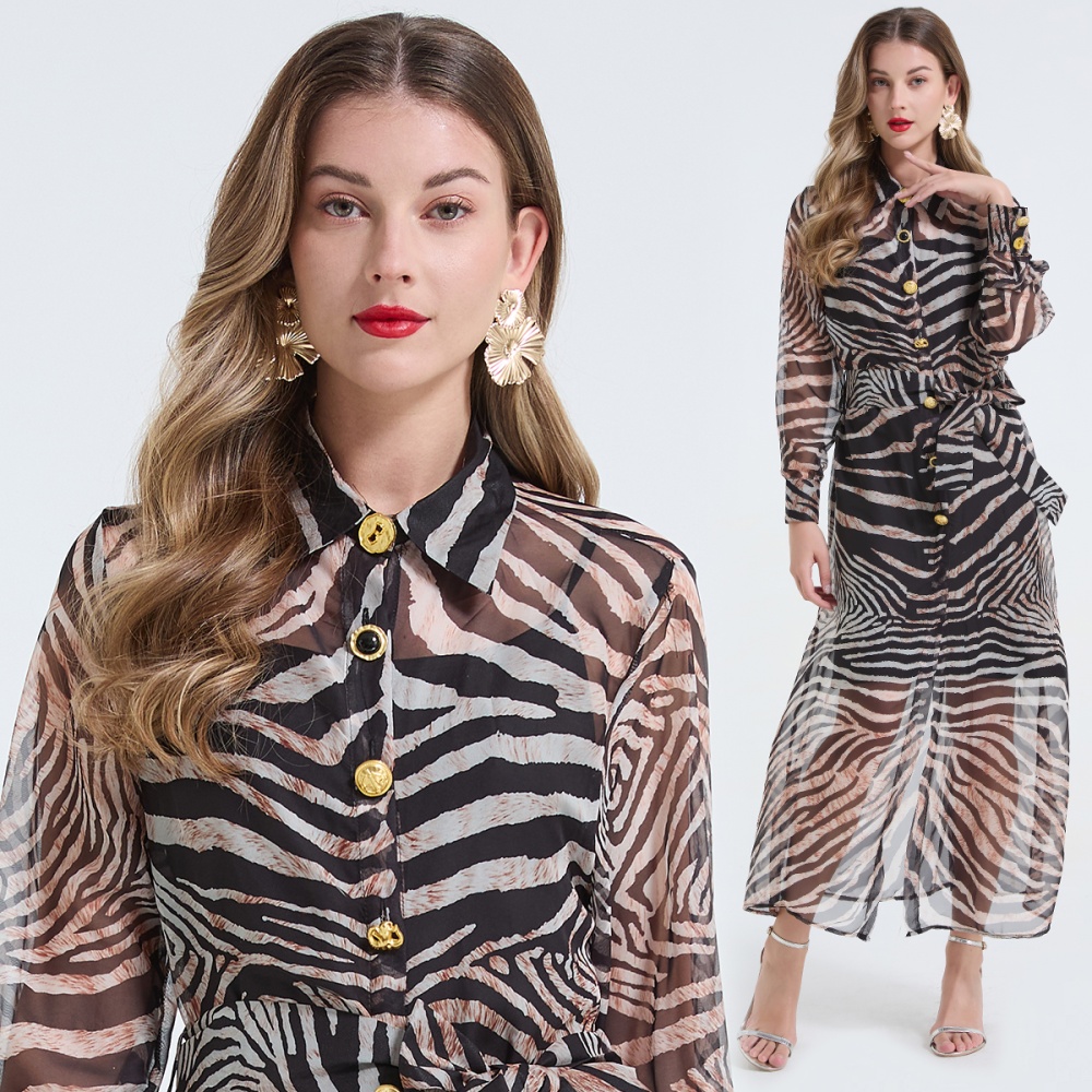 Pinched waist ladies dress leopard metal buckles shirt