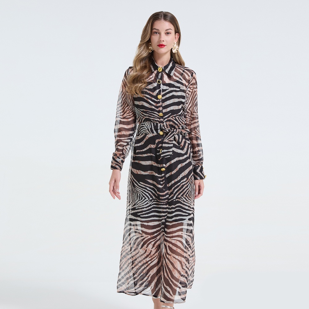 Pinched waist ladies dress leopard metal buckles shirt