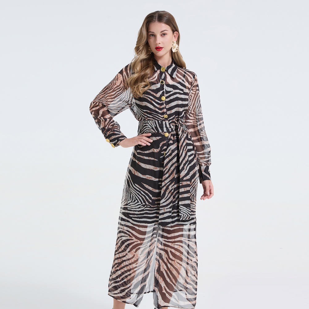 Pinched waist ladies dress leopard metal buckles shirt