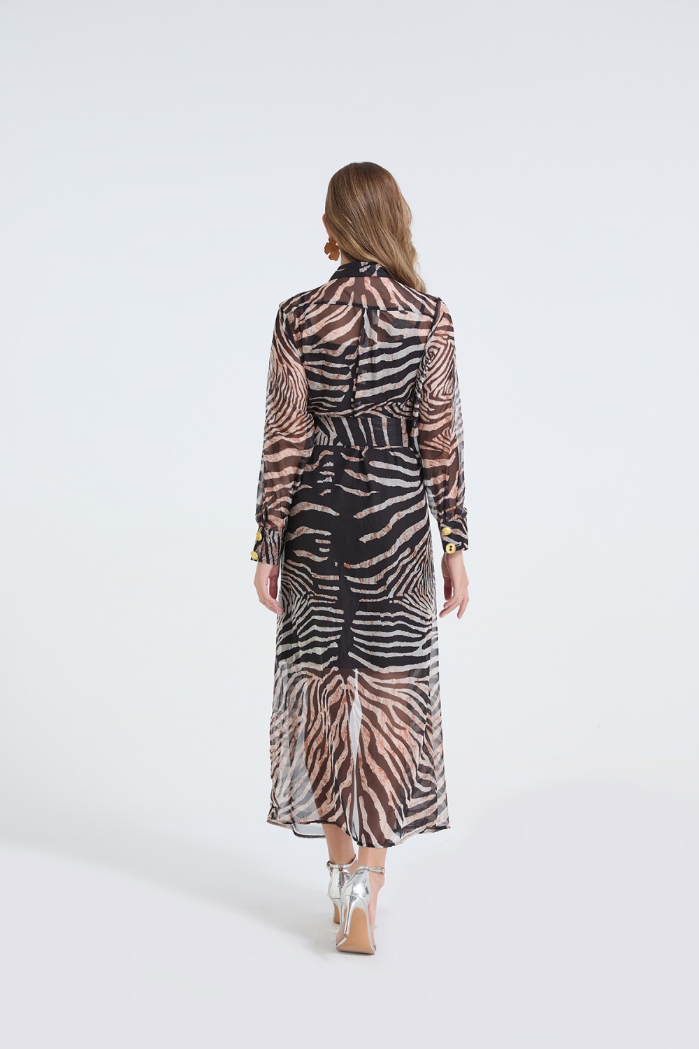 Pinched waist ladies dress leopard metal buckles shirt