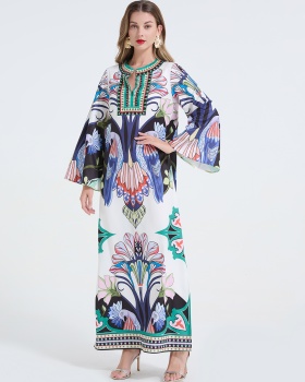 Printing fashion long sleeve loose split round neck dress