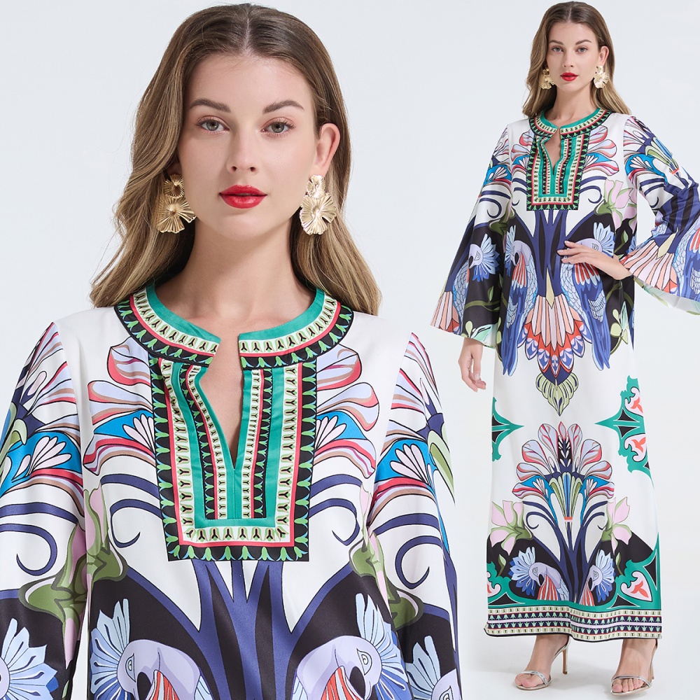 Printing fashion long sleeve loose split round neck dress