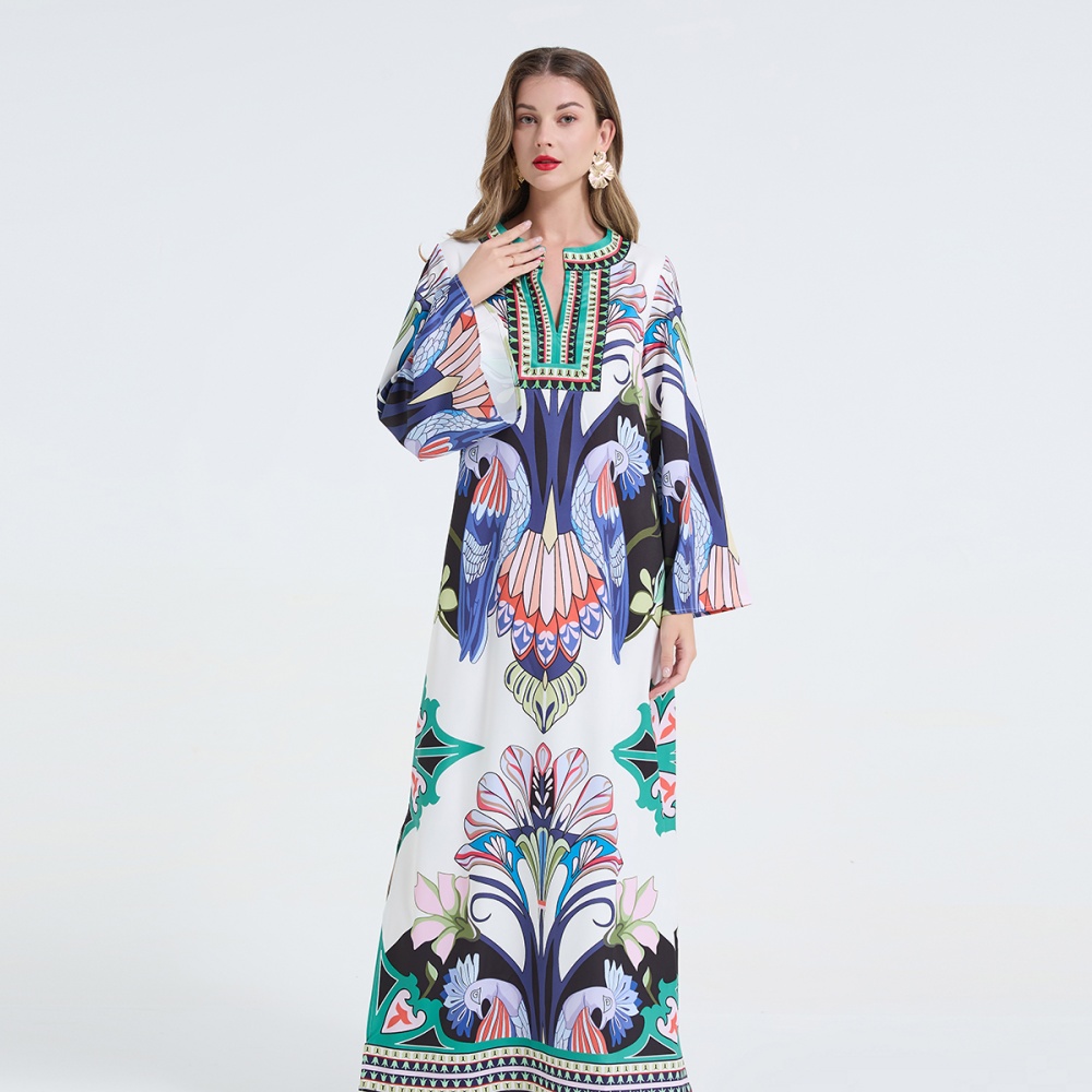 Printing fashion long sleeve loose split round neck dress