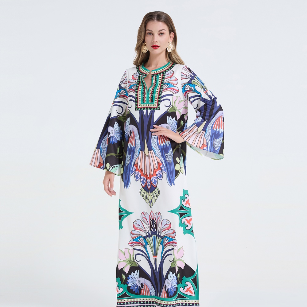 Printing fashion long sleeve loose split round neck dress