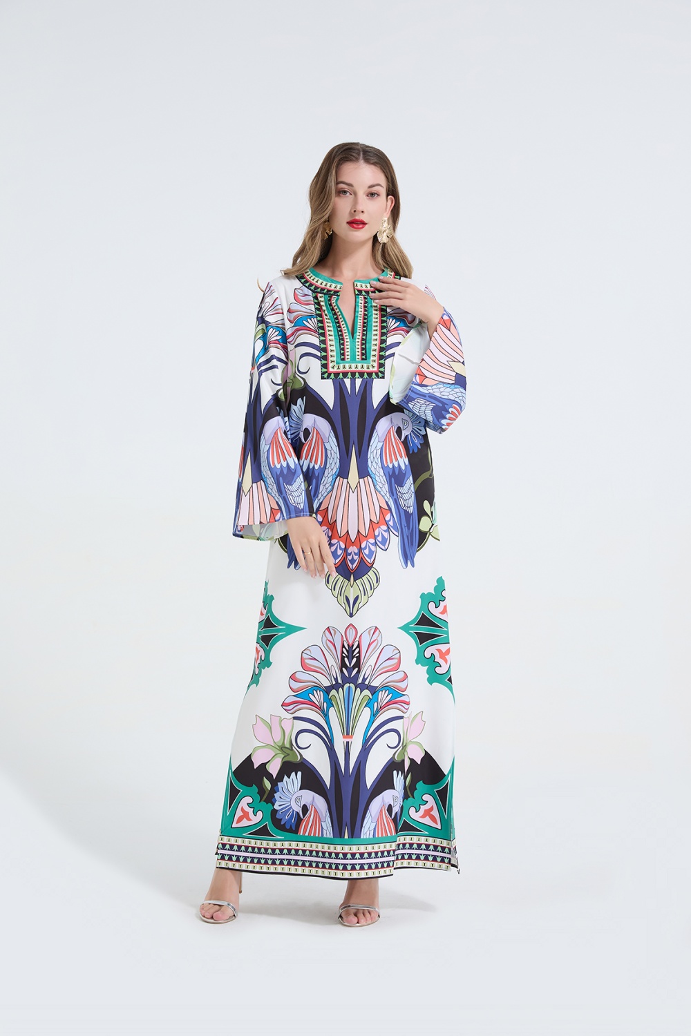 Printing fashion long sleeve loose split round neck dress