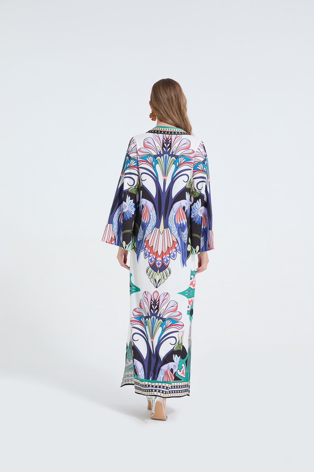 Printing fashion long sleeve loose split round neck dress