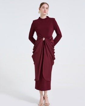 Slim metal buckles decoration dress fold long dress