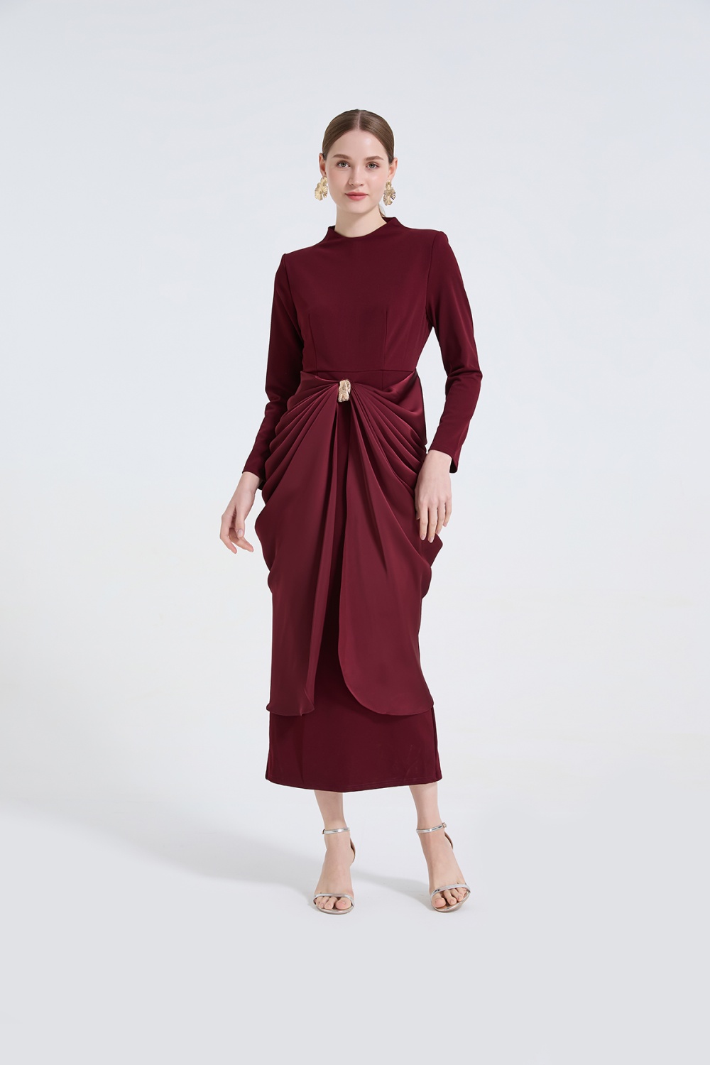 Slim metal buckles decoration dress fold long dress