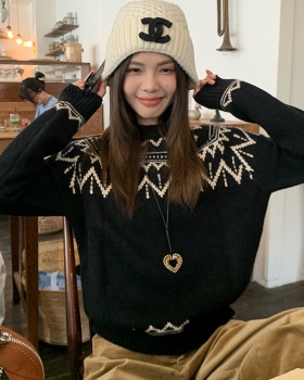 Jacquard black tops loose lazy sweater for women