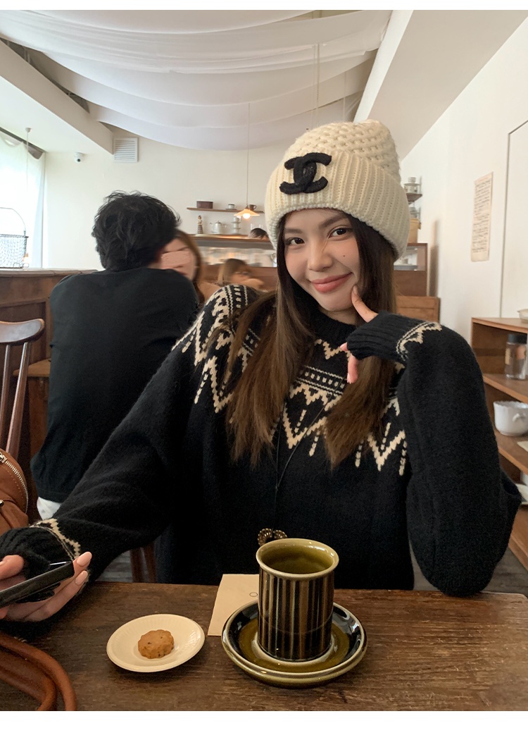 Jacquard black tops loose lazy sweater for women